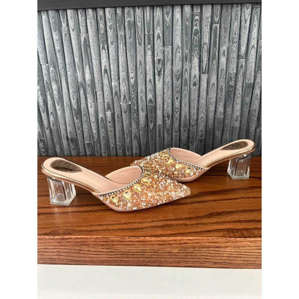 Champagne Rhinestone Embellished Pointed Toe Mules Clear Block Heel Size 37 - Picture 1 of 5